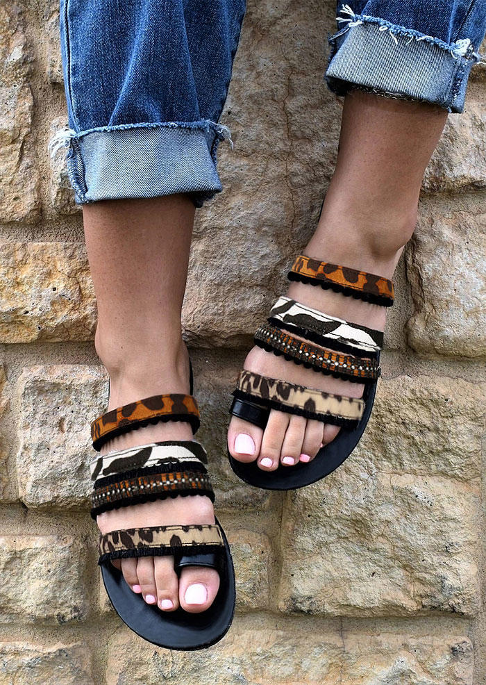 Leopard Cow Toe Ring Strappy Slip On Flat Slippers, 503824
