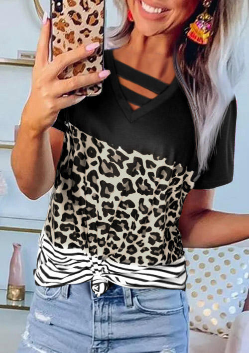 

Leopard Striped Keyhole Neck Blouse - Black, 503857