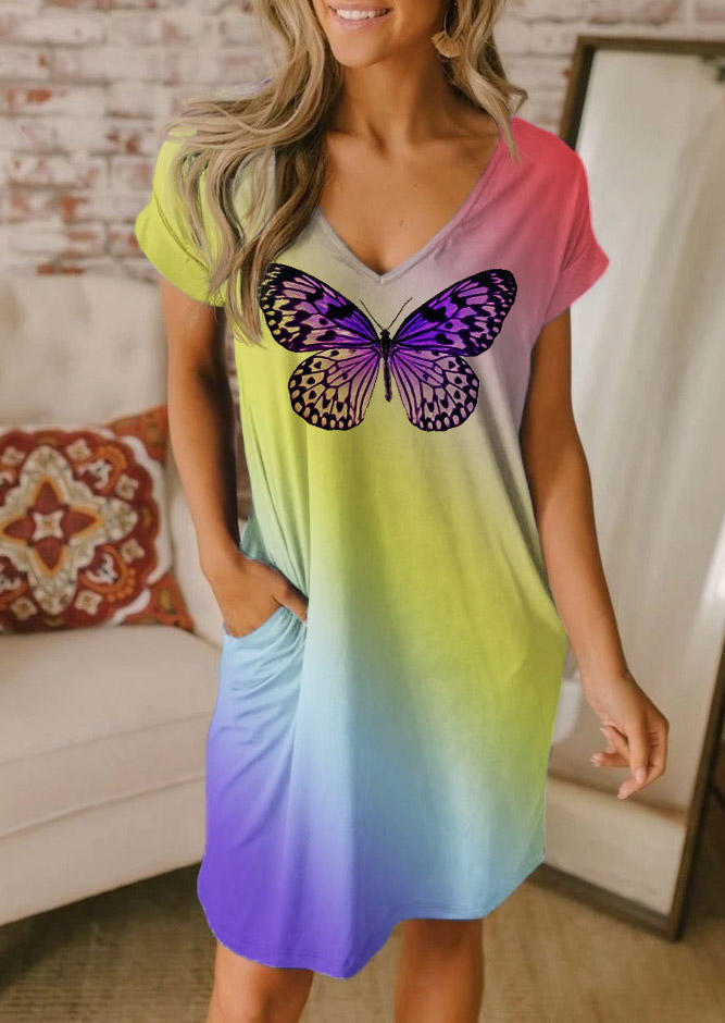 Gradient Butterfly Pocket V-Neck Mini Dress