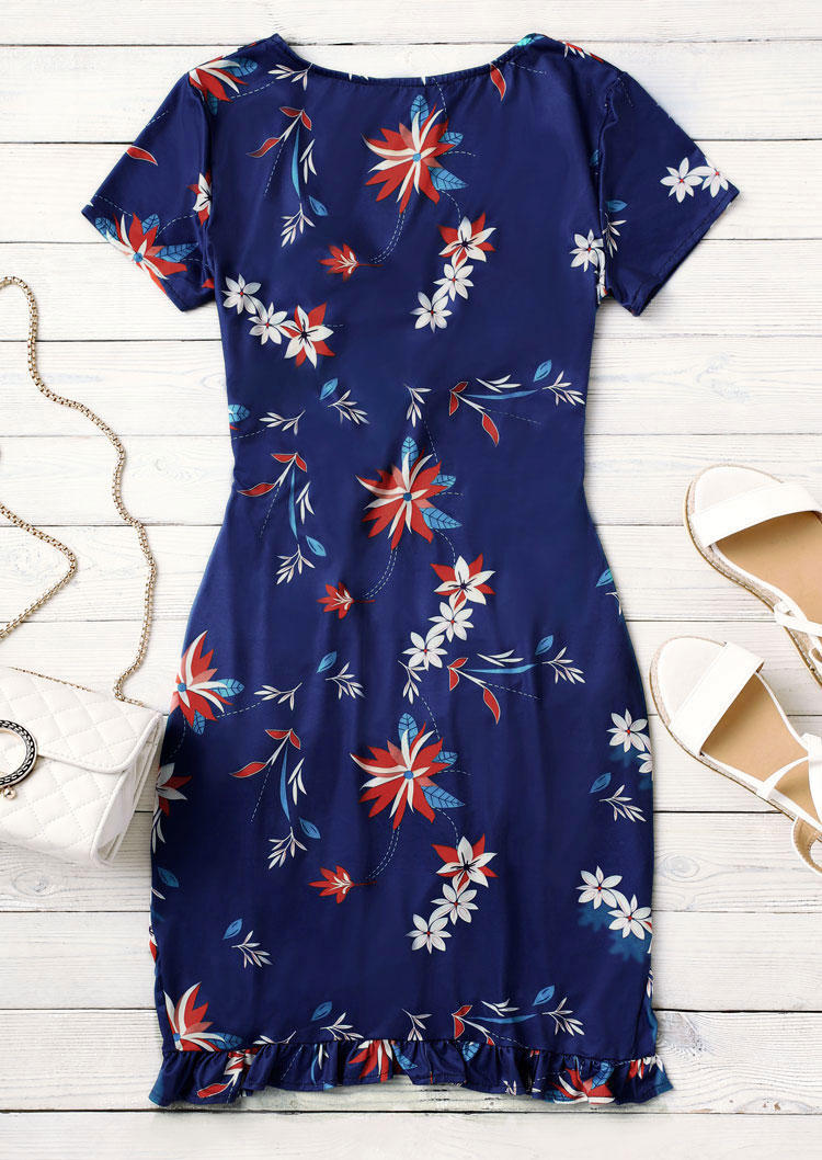 Floral Ruffled Hollow Out Tie Asymmetric Bodycon Dress - Royal Blue