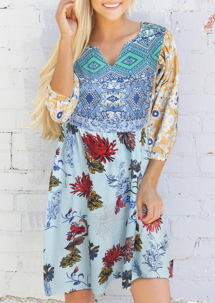 

Floral Ethnic Style Geometric Splicing Mini Dress, Multicolor, 495175