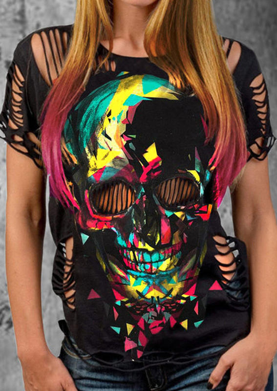 

Colorful Geometric Skull Hollow Out Blouse, Multicolor, 503086