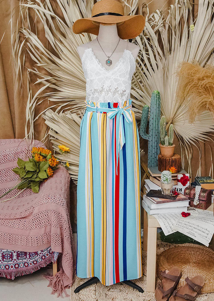 Colorful Striped Slit Ruffled Loose Long Skirt with Belt