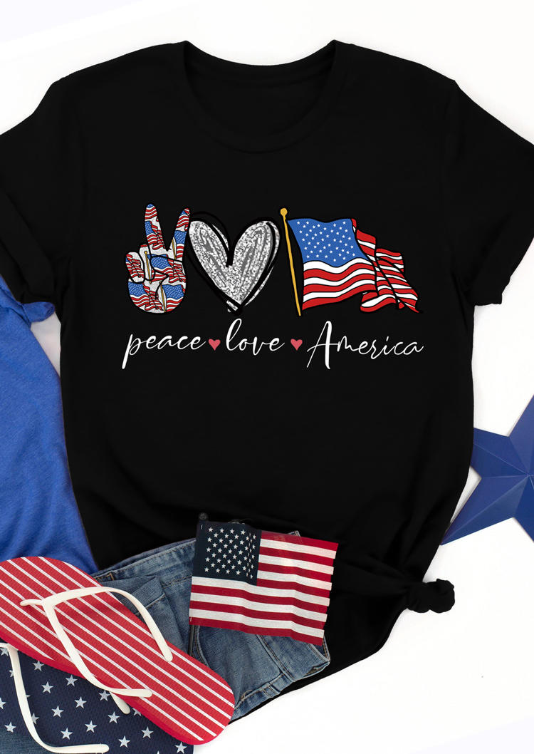 

Peace Love America Heart Flag T-Shirt Tee - Black, 503276