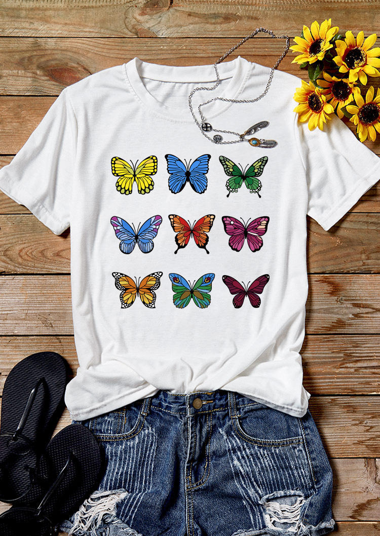 

Colorful Butterfly O-Neck Casual T-Shirt Tee - White, 503924