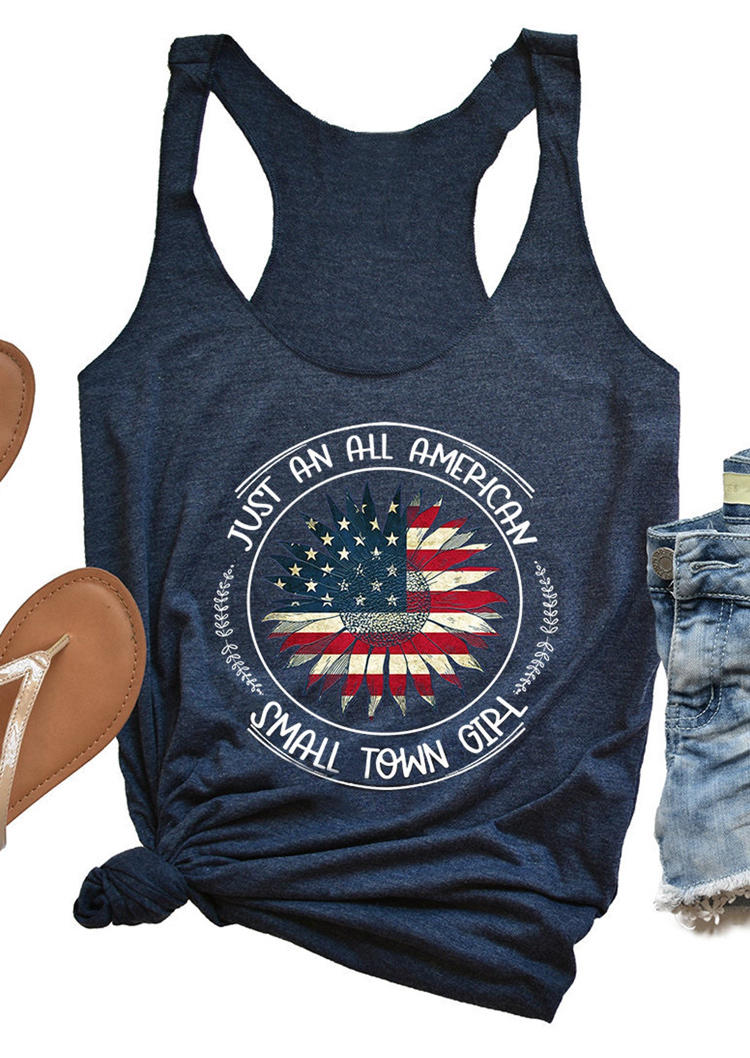 

American Flag Small Town Girl Sunflower Star Striped Tank - Deep Blue, 503958