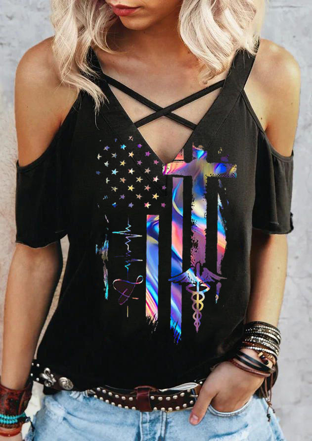 

Colorful American Flag Star Criss-Cross Cold Shoulder Blouse - Black, 503984