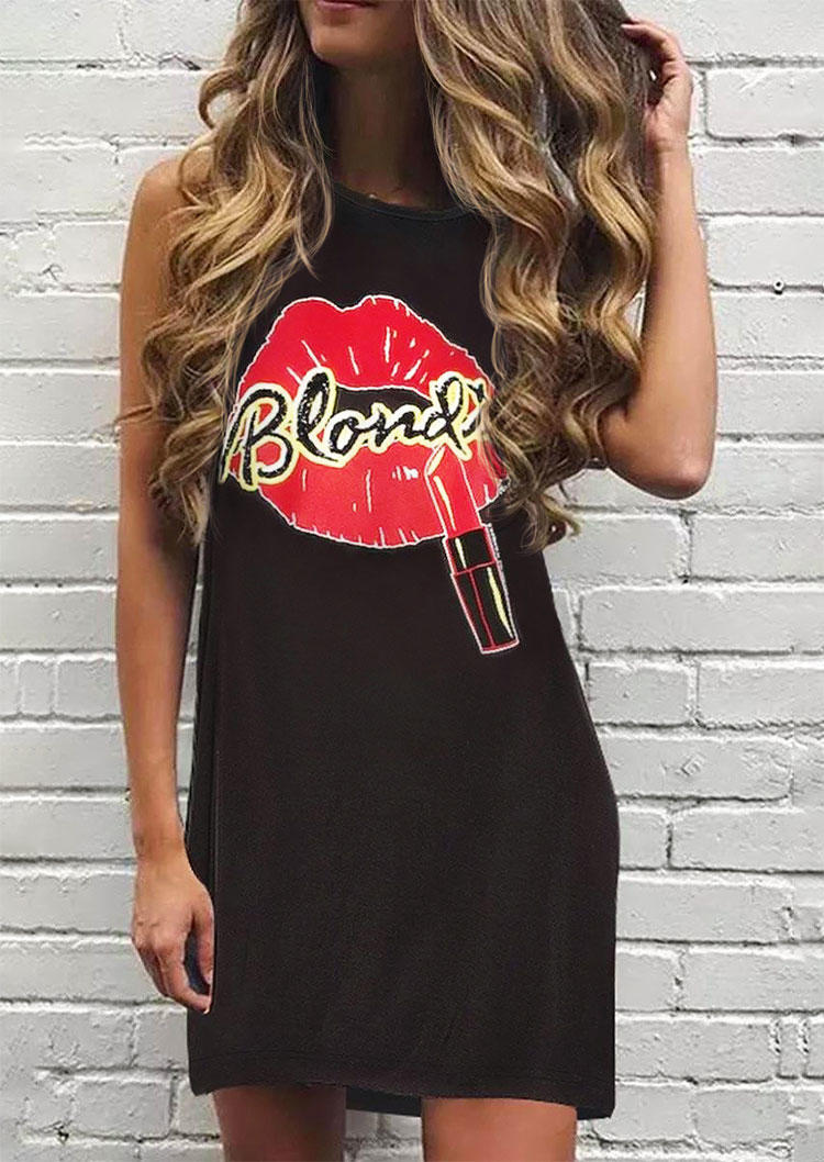 

Lips Blonde Sleeveless O-Neck Mini Dress - Black, 504065