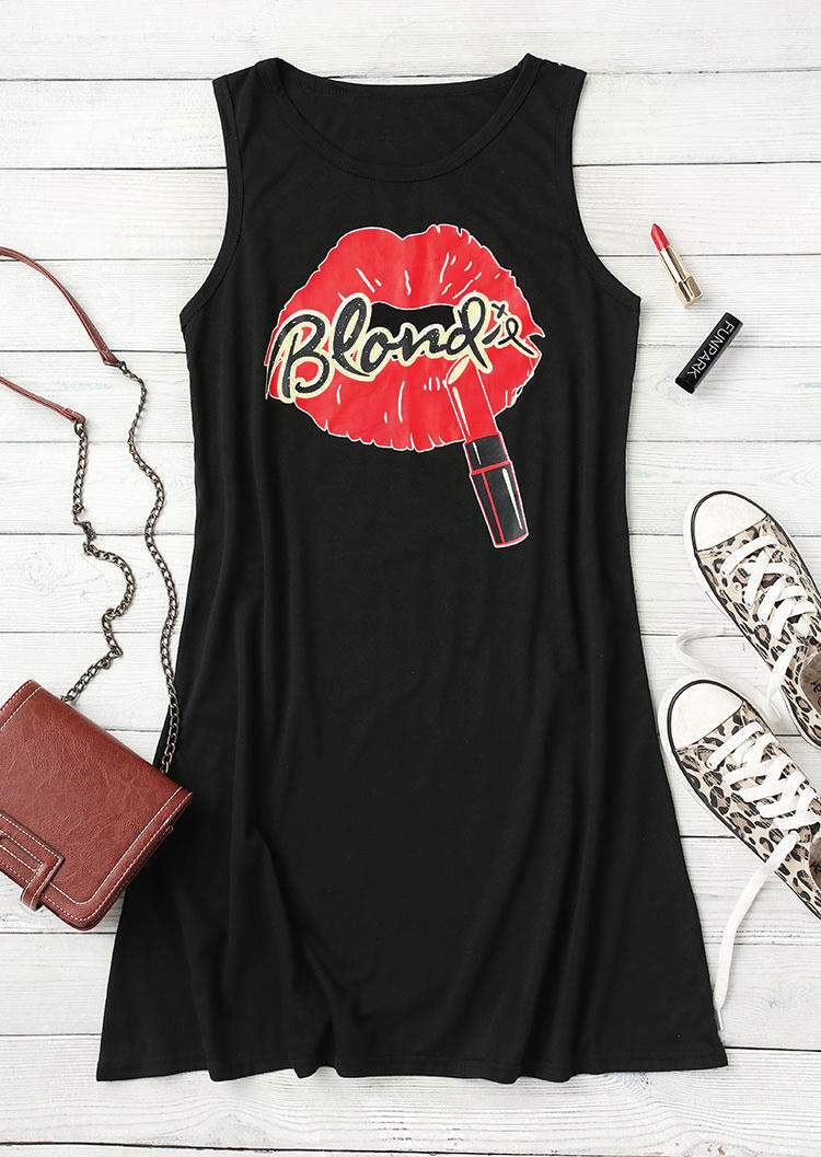 Lips Blonde Sleeveless O-Neck Mini Dress - Black