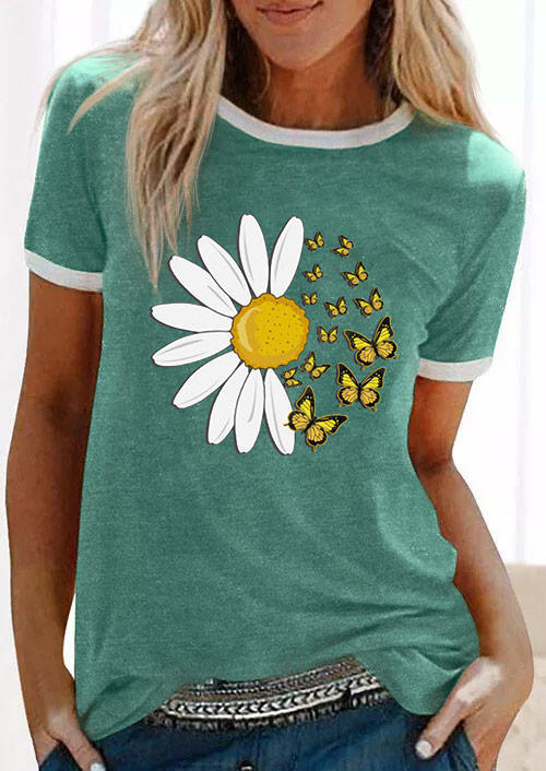 

Daisy Butterfly Casual T-Shirt Tee - Green, 504120