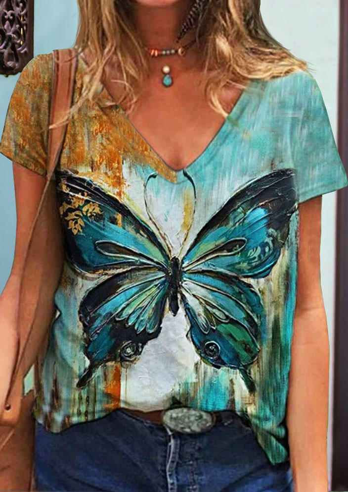 

Butterfly Oil Painting V-Neck T-Shirt Tee, Multicolor, 504144