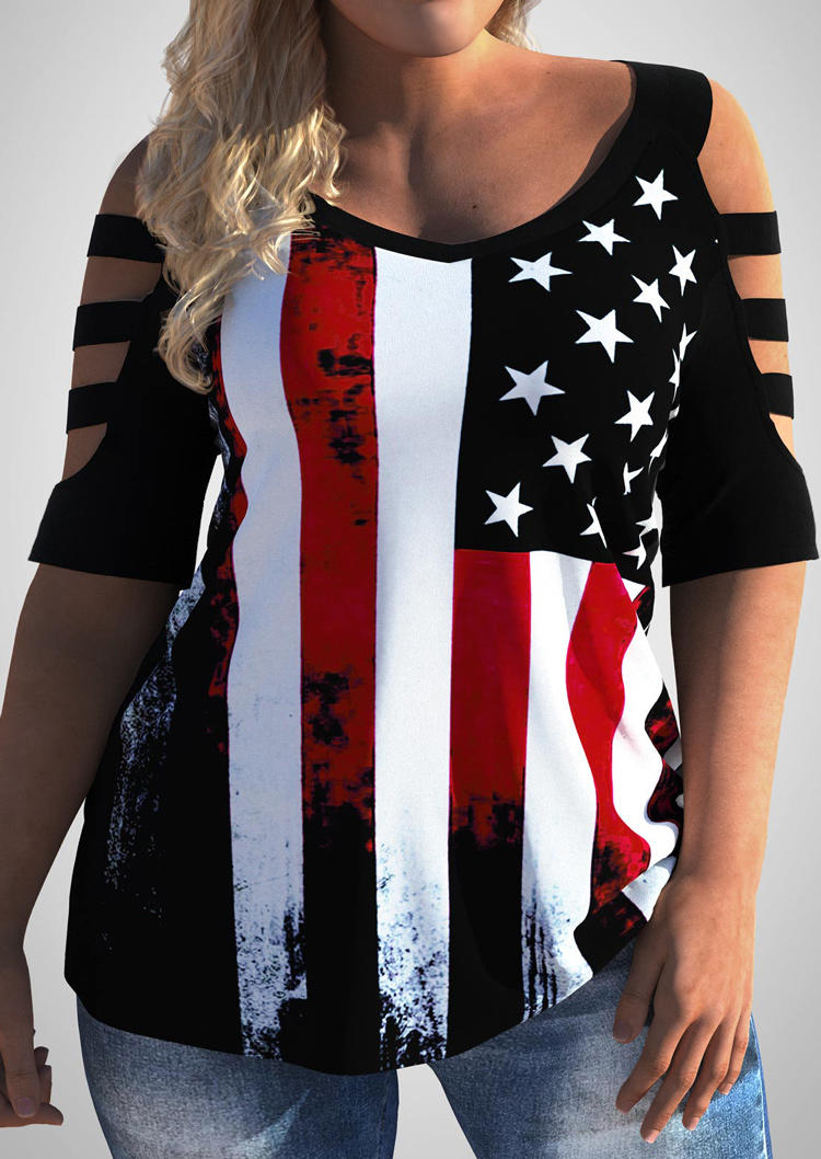 

Plus Size American Flag Star Striped Cold Shoulder Blouse, Multicolor, 504145