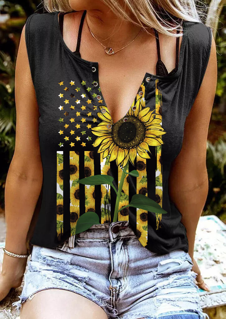 

American Flag Star Sunflower Casual Tank - Black, 504161