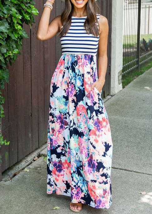 

Striped Floral Ruffled Pocket Sleeveless Maxi Dress, Multicolor, 504164