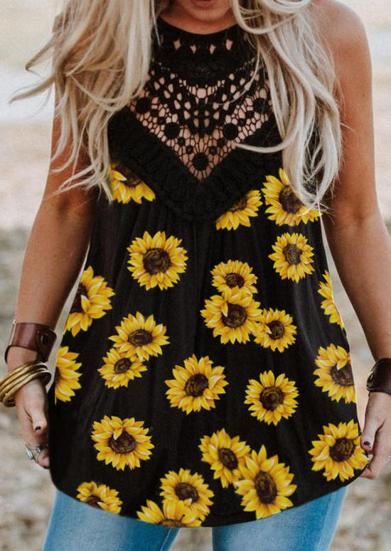 

Sunflower Lace Hollow Out Casual Tank - Black, 501788