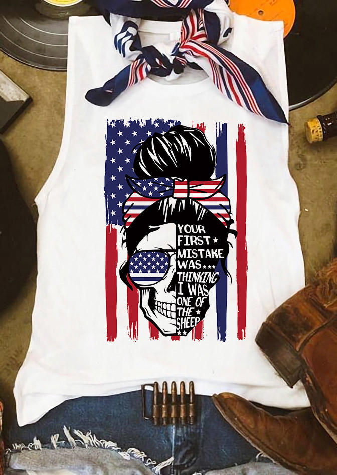 

American Flag Skull Your First Mistake Graphic Tank - White, 503800