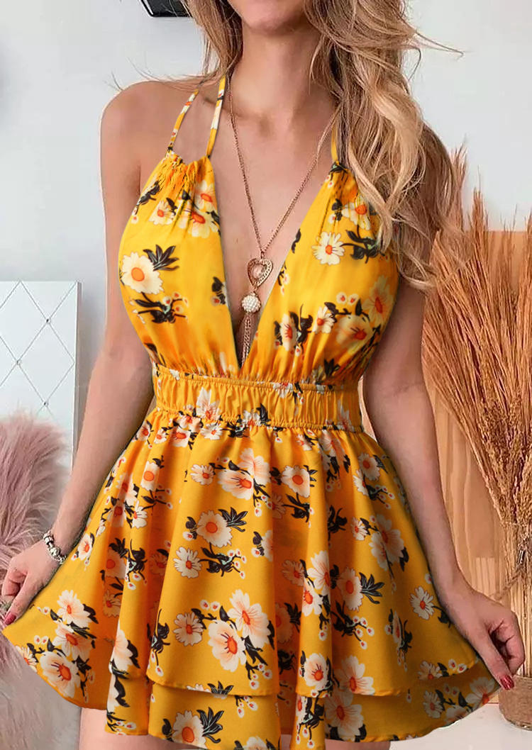 

Floral Ruffled Elastic Waist Open Back Layered Mini Dress - Yellow, 503861