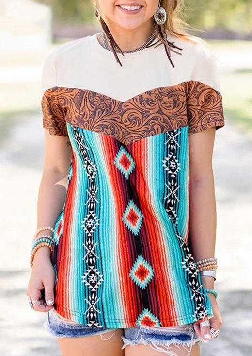

Aztec Geometric Striped Buckstitch Casual Blouse, Multicolor, 503874