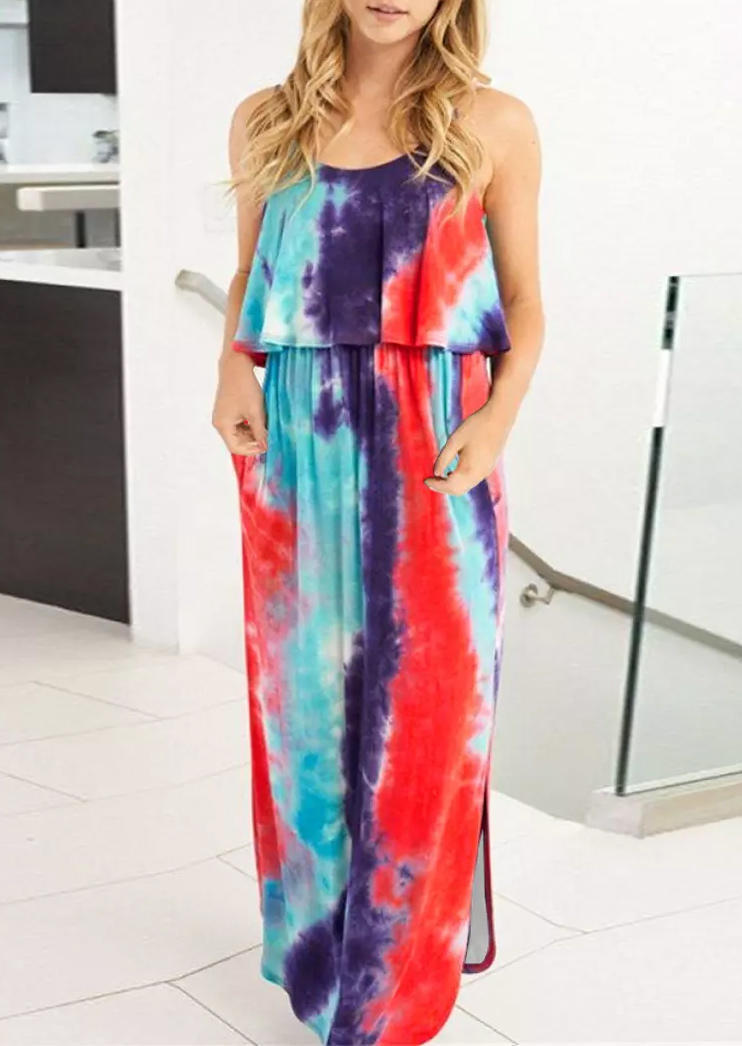 

Tie Dye Slit Elastic Waist Spaghetti Strap Maxi Dress, Multicolor, 504121