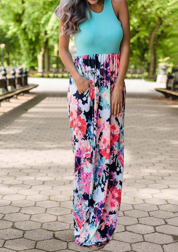 

Floral Ruffled Pocket Sleeveless Maxi Dress, Multicolor, 504127