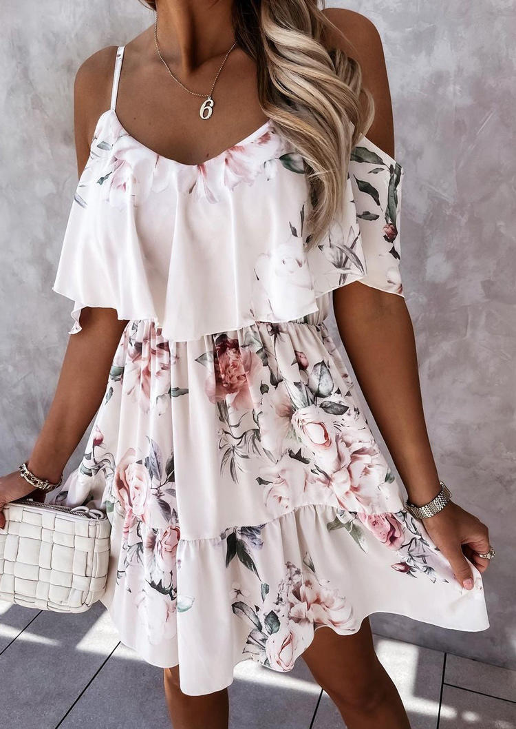 Floral Ruffled Layered Cold Shoulder Mini Dress