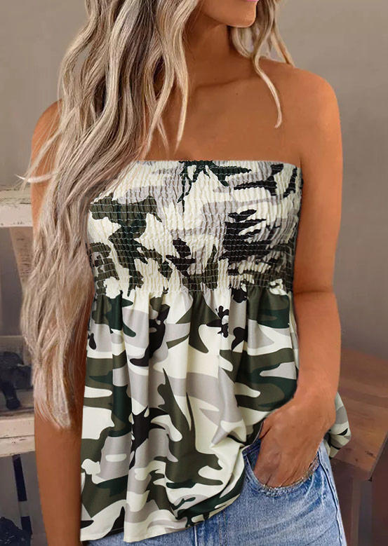 

Camouflage Smocked Strapless Casual Tank, Multicolor, 504154