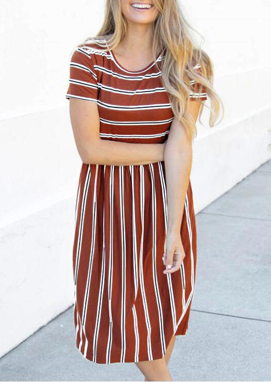 

Striped Ruffled O-Neck Short Sleeve Midi Dress - Coffee, 504178