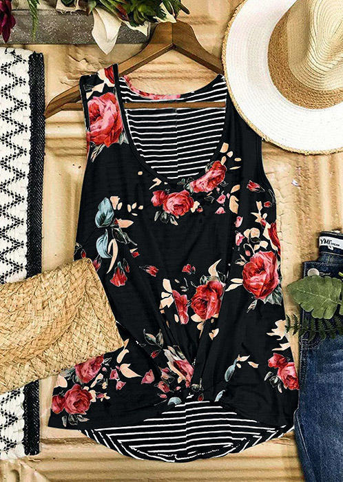 

Floral Striped Twist Button O-Neck Tank - Black, 504194