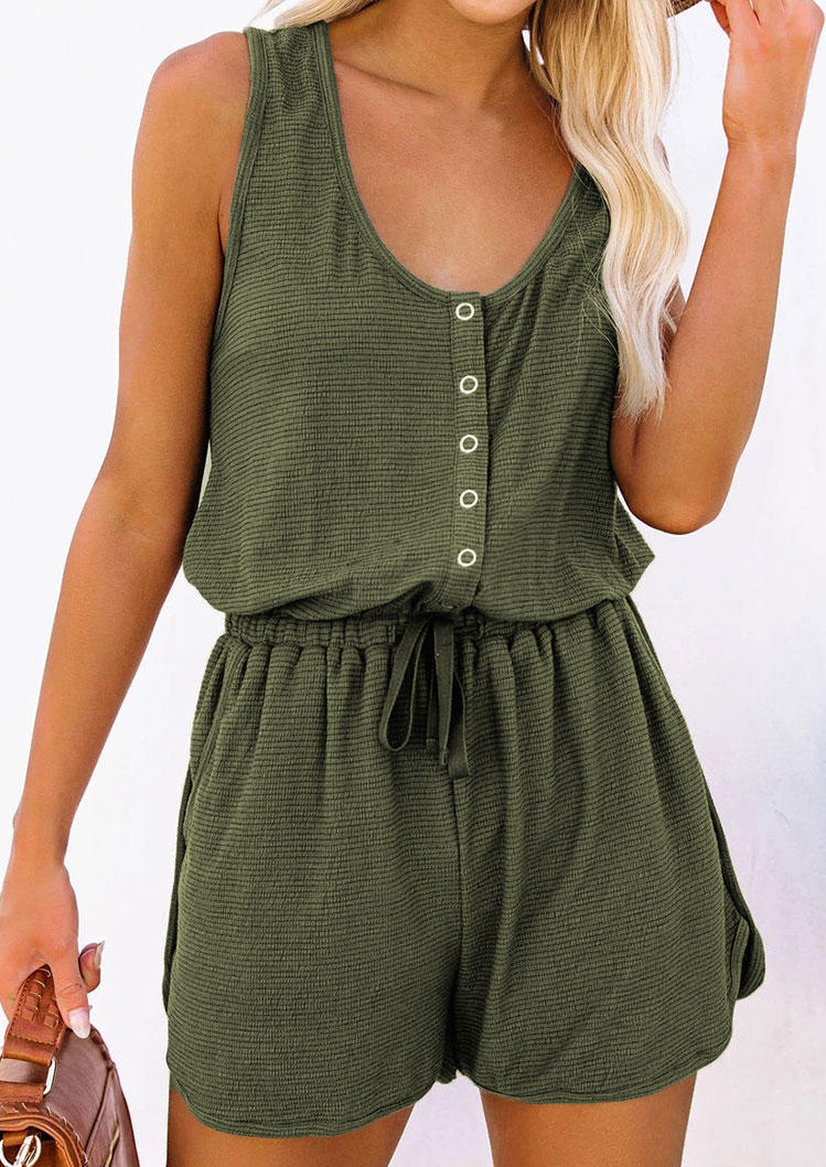 

Drawstring Pocket Button Sleeveless Romper - Army Green, 504225