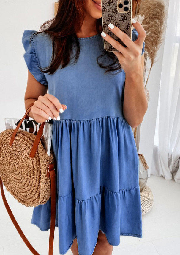 

Ruffled O-Neck Denim Mini Dress - Blue, 504231