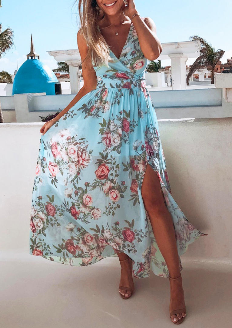 

Floral Slit Wrap Zipper V-Neck Maxi Dress - Light Blue, 504236