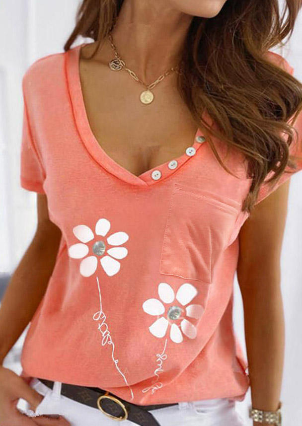 

Flower Pocket Button V-Neck Blouse - Watermelon Red, 504237