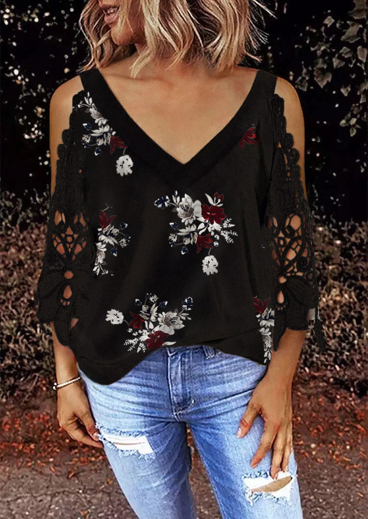 

Floral Lace Splicing Cold Shoulder V-Neck Blouse - Black, 504248