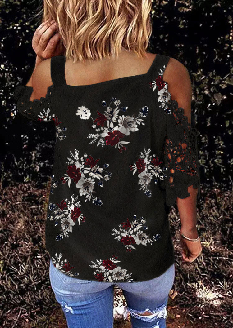 Floral Lace Splicing Cold Shoulder V-Neck Blouse - Black