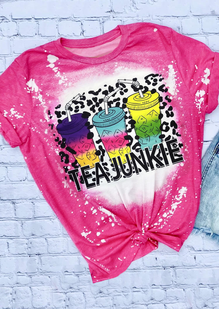 

Leopard Loaded Tea Junkie Bleached T-Shirt Tee - Rose Red, 503910