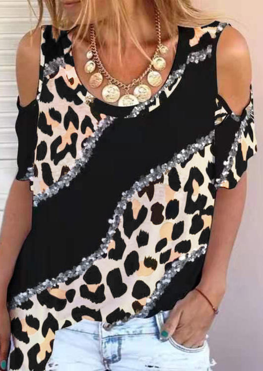 

Leopard Splicing Cold Shoulder Blouse, 504156
