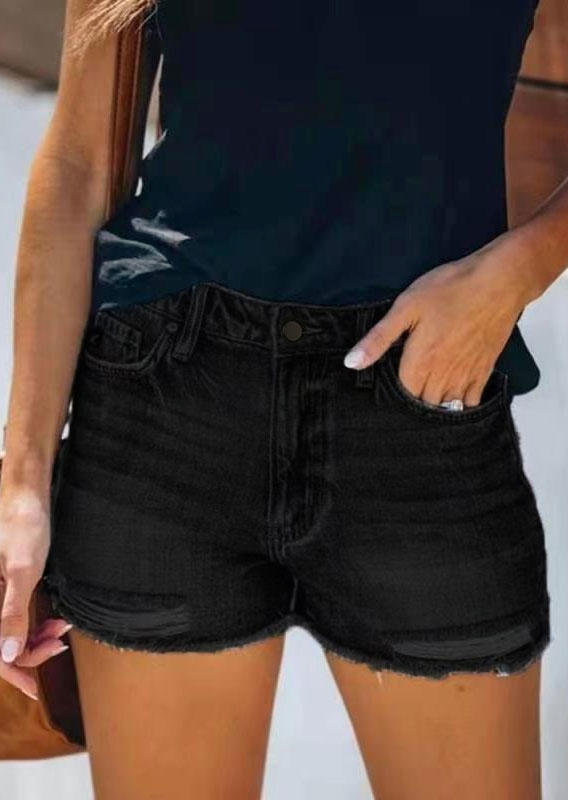 

Pocket Button Ripped Hole Denim Shorts - Black, 504165