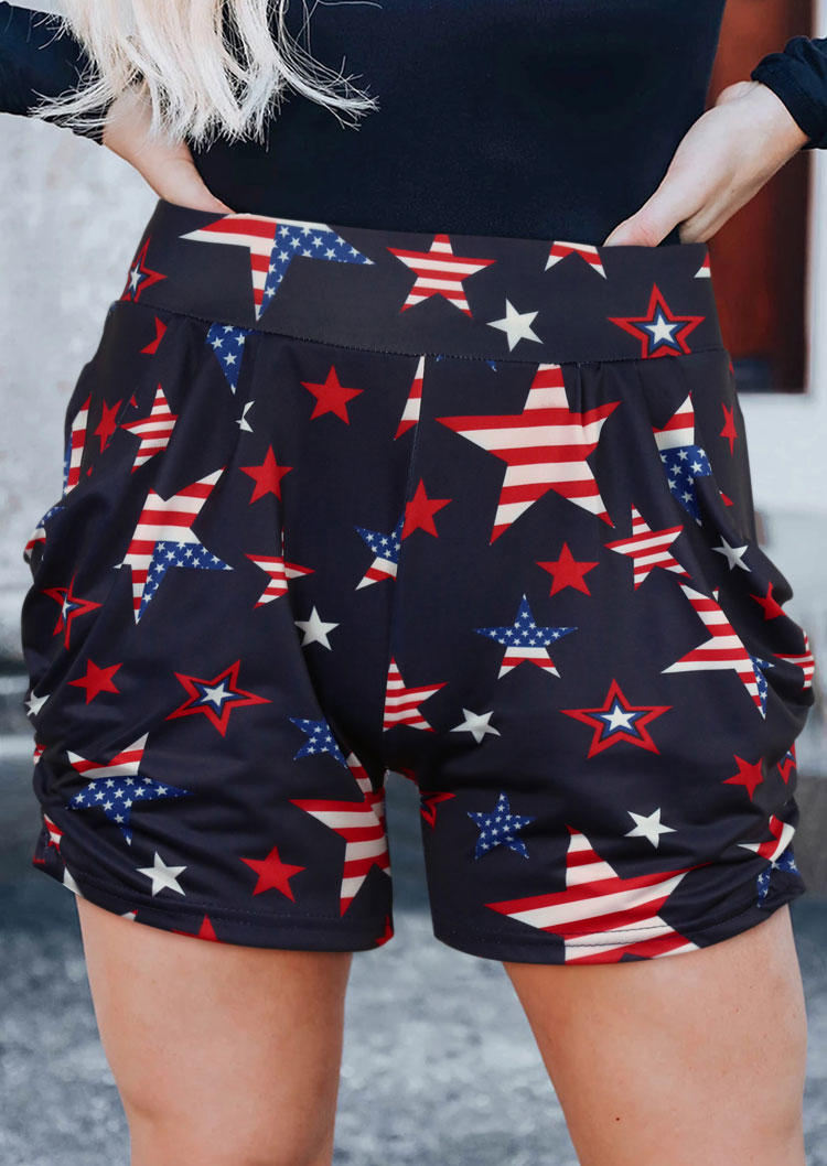 

American Flag Star Ruffled Elastic Waist Shorts - Deep Blue, 504183