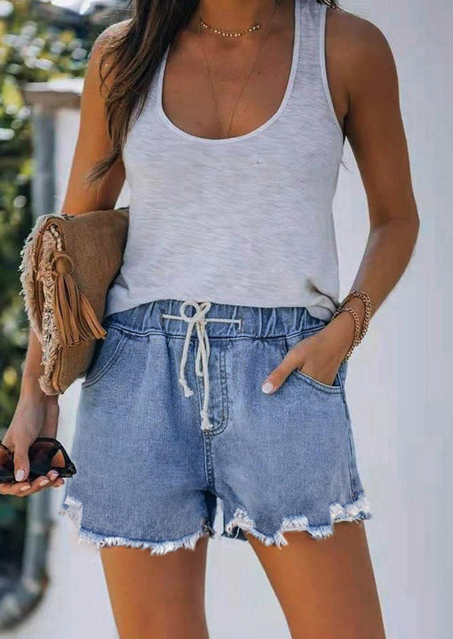 

Frayed Hem Pocket Drawstring Denim Shorts - Blue, 504207