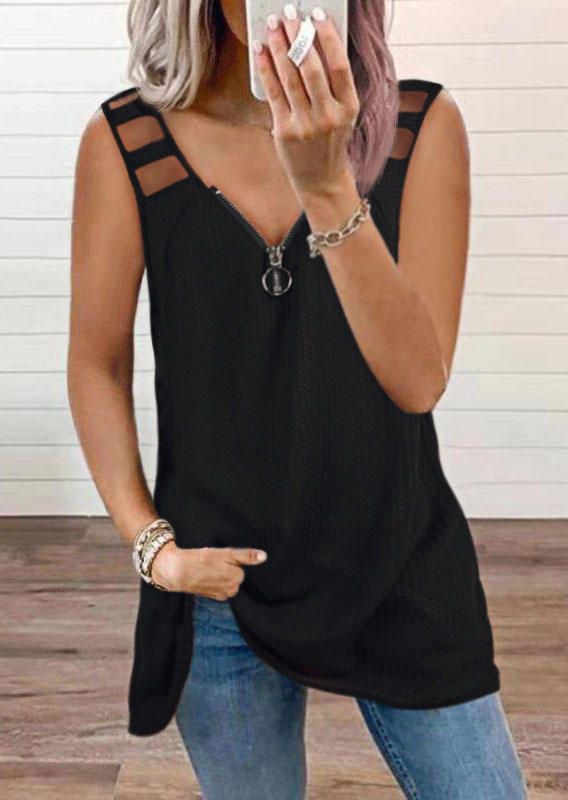 

Ring Zipper Hollow Out Casual Tank - Black, 504246