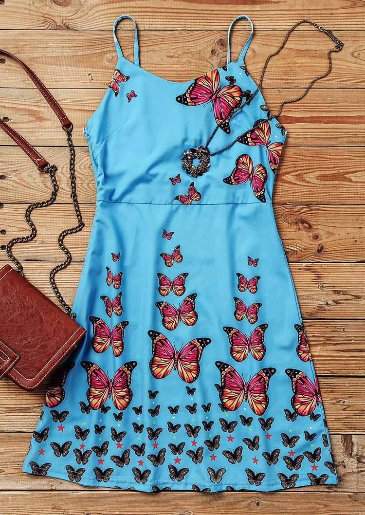 Colorful Butterfly Spaghetti Strap Mini Dress - Blue