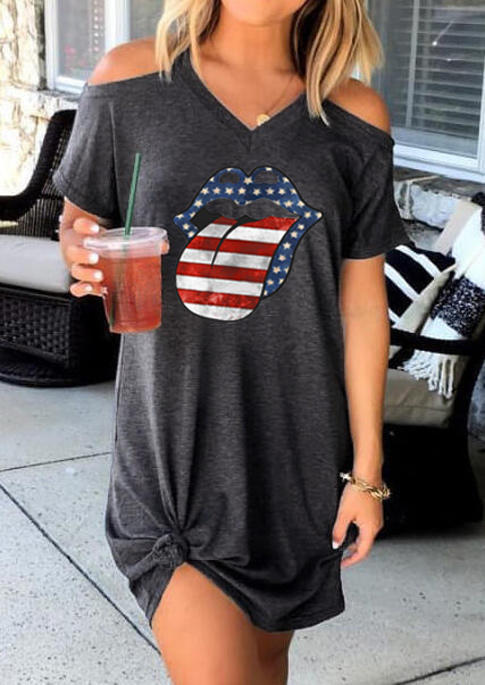 

American Flag Star Striped Lips Cold Shoulder Mini Dress - Gray, 504296