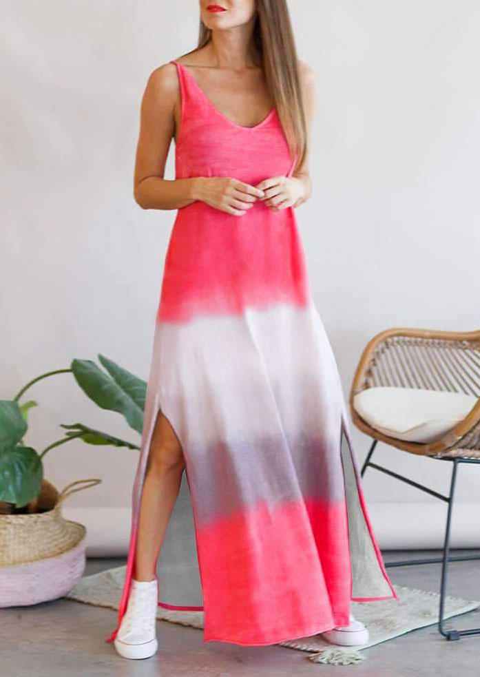 

Tie Dye Color Block Slit Open Back Maxi Dress - Watermelon Red, 504297