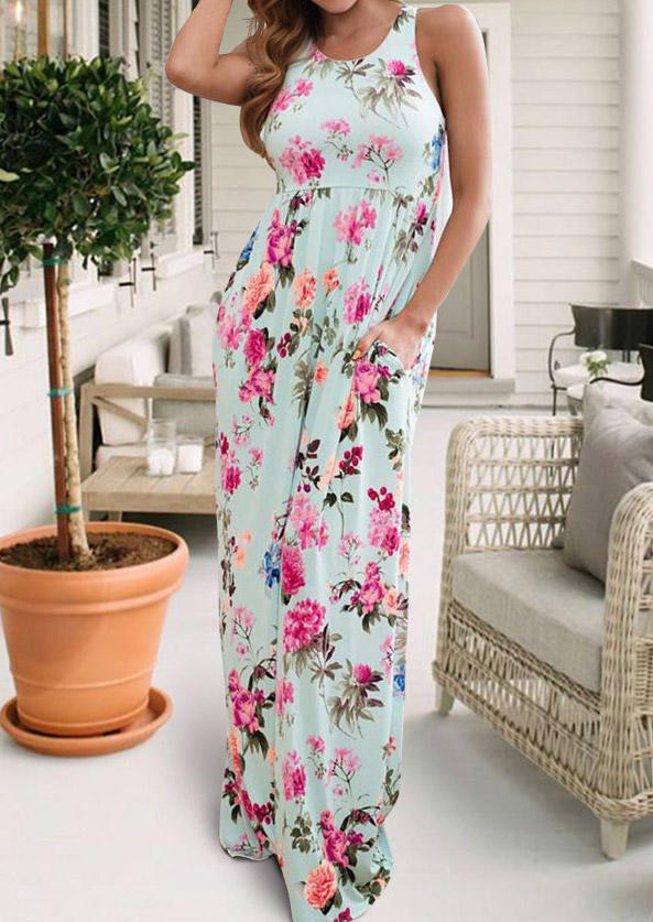 

Floral Pocket Sleeveless Maxi Dress, Multicolor, 504304