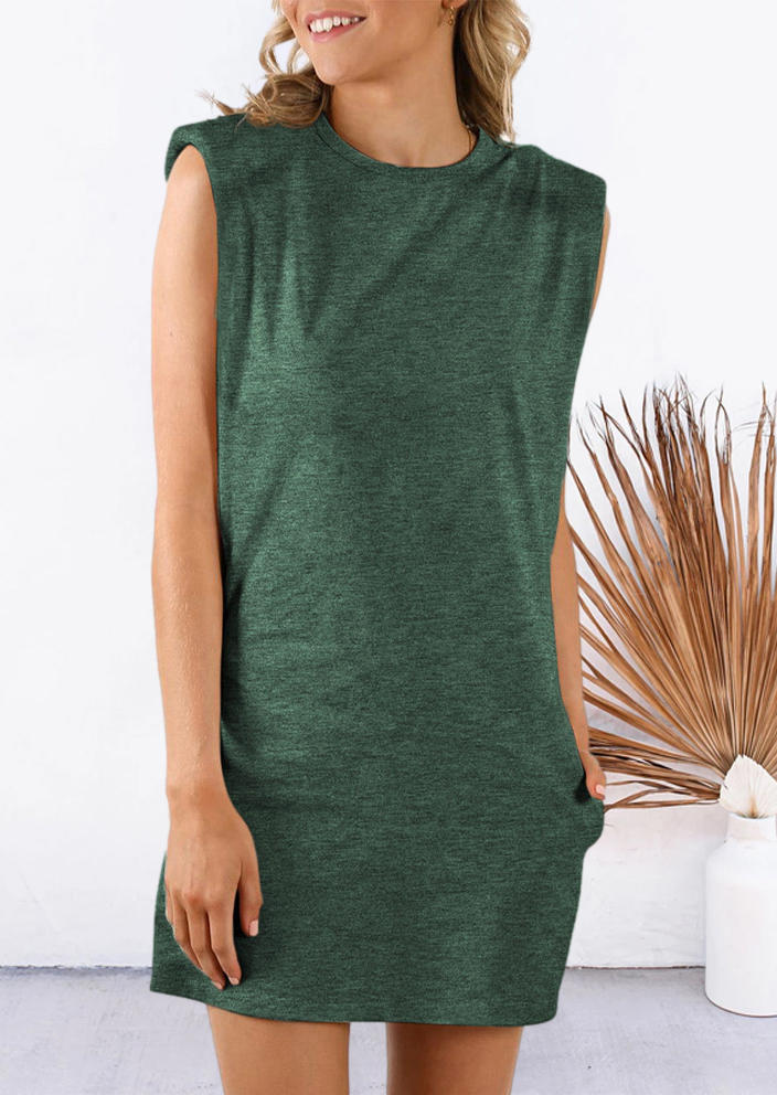 

Pocket Sleeveless O-Neck Mini Dress - Green, 500158