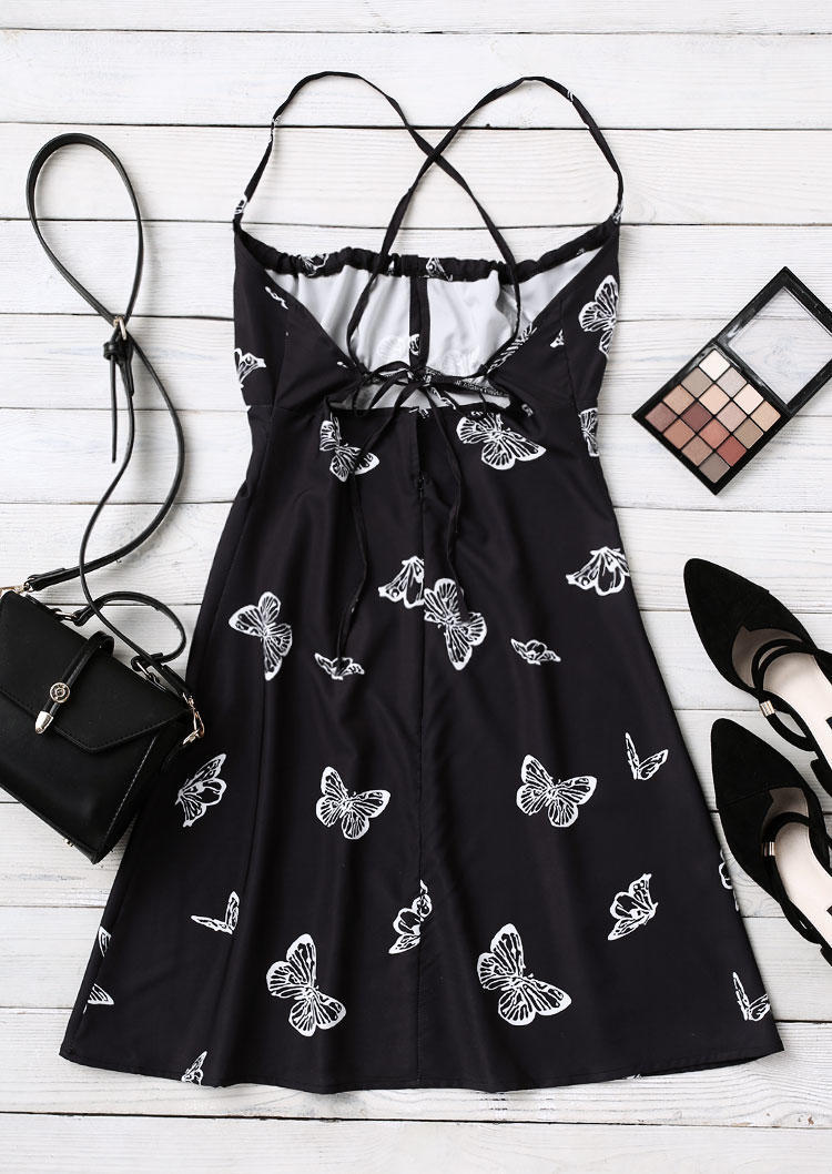 Butterfly Halter Tie Open Back Mini Dress - Black