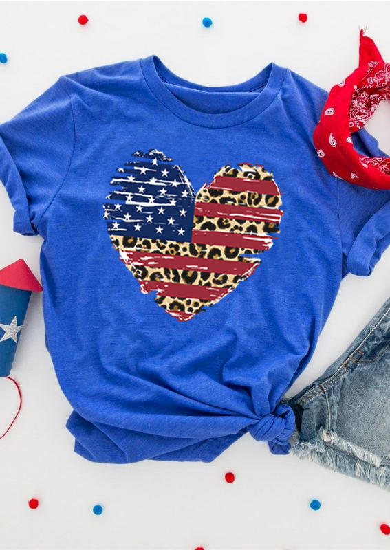 

Leopard Heart American Flag O-Neck T-Shirt Tee - Blue, 504129
