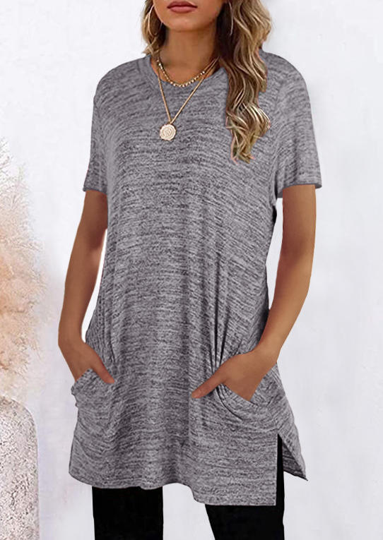 

Pocket Slit O-Neck Long Blouse - Gray, 504266