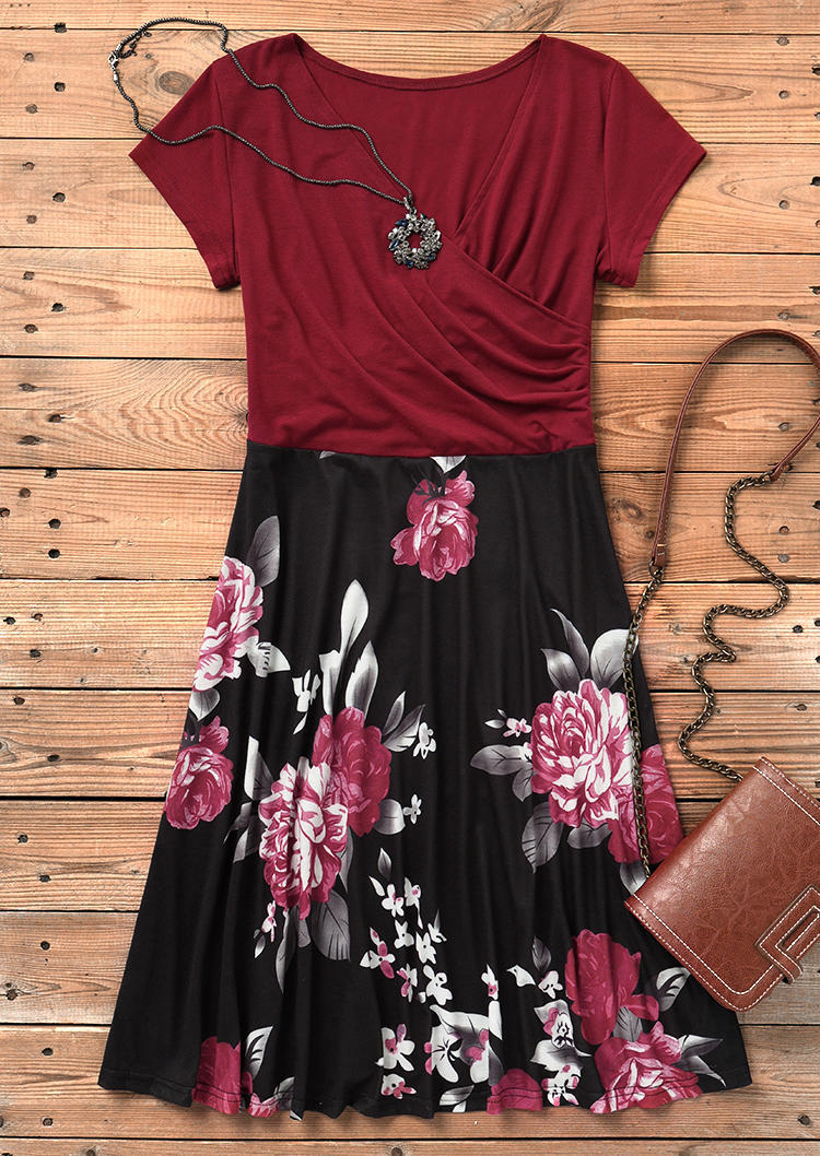 Floral V-Neck Wrap Mini Dress - Burgundy