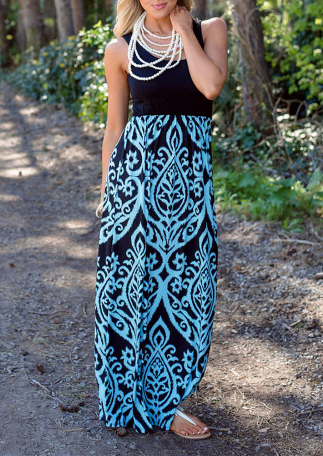 

Geometric Floral Sleeveless O-Neck Maxi Dress - Blue, 504340